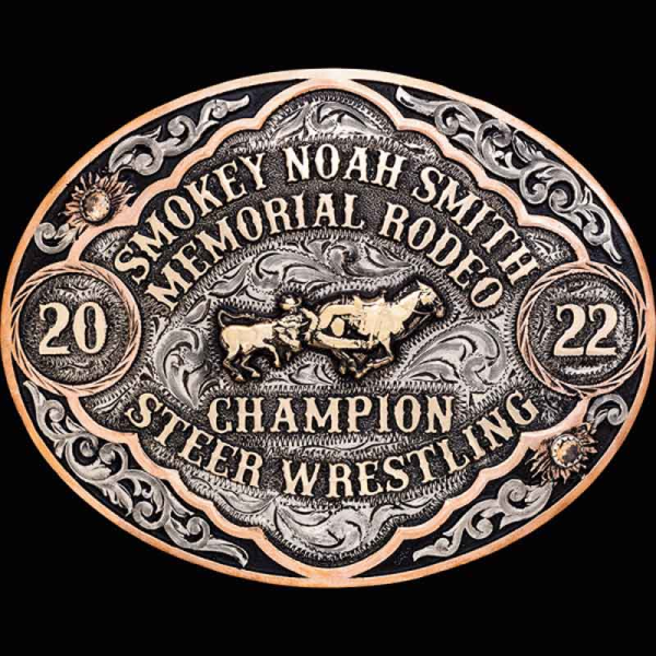 The Bridgewater Belt Buckle is an oval buckle with an antique finish, amazing silver scrollwork and plenty of space for lettering. Personalize this buckle design today!
